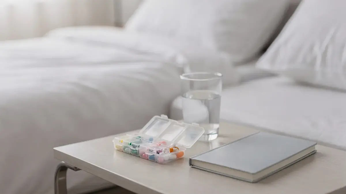 Bedside table mit Pillenbox, Wasserglas und Schlafprotokoll zum Thema Schlafmittel rezeptpflichtig