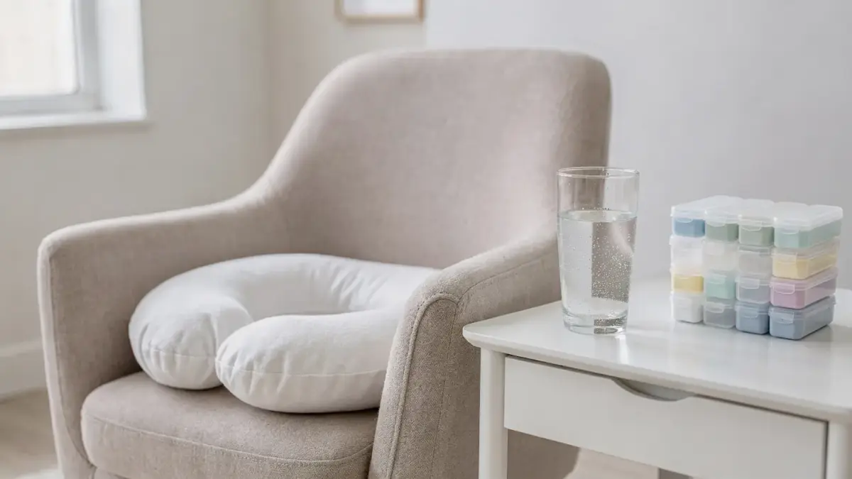 Stillumgebung mit Brustkissen, Wasserglas und Medikamentenbox zum Thema Nebenwirkungen in der Stillzeit