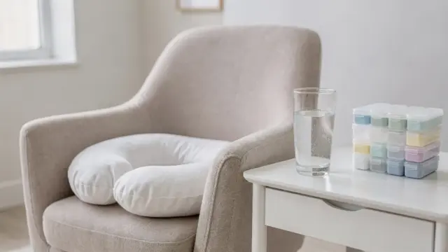 Stillumgebung mit Brustkissen, Wasserglas und Medikamentenbox zum Thema Nebenwirkungen in der Stillzeit