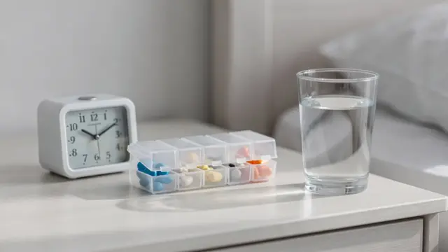Pillendose, Uhr und Wasserglas als Symbol für die gleichbleibende Einnahmezeit bei Medikamenten