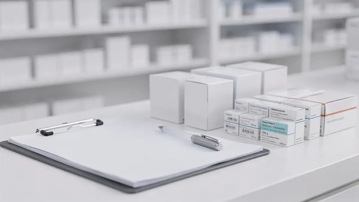 Apotheke mit geordneten Arzneimittelpackungen zum Thema Ersatzpräparat und Abgabe eines anderen Arzneimittels