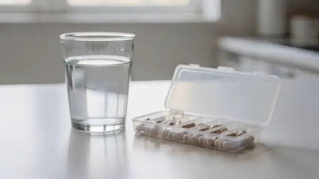 Kapseln und Wasserglas auf einem Tisch als Motiv zum Thema Kapseln einnehmen