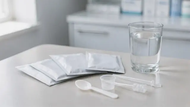 Pulver und Sachets zur oralen Anwendung neben einem Glas Wasser und Dosierhilfen