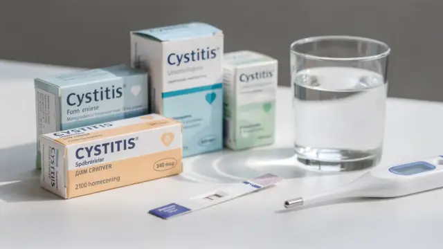 Rezeptfreie Medikamente bei Blasenentzündung: Medikamente, Wasser, Thermometer und Teststreifen in einer Klinikszene