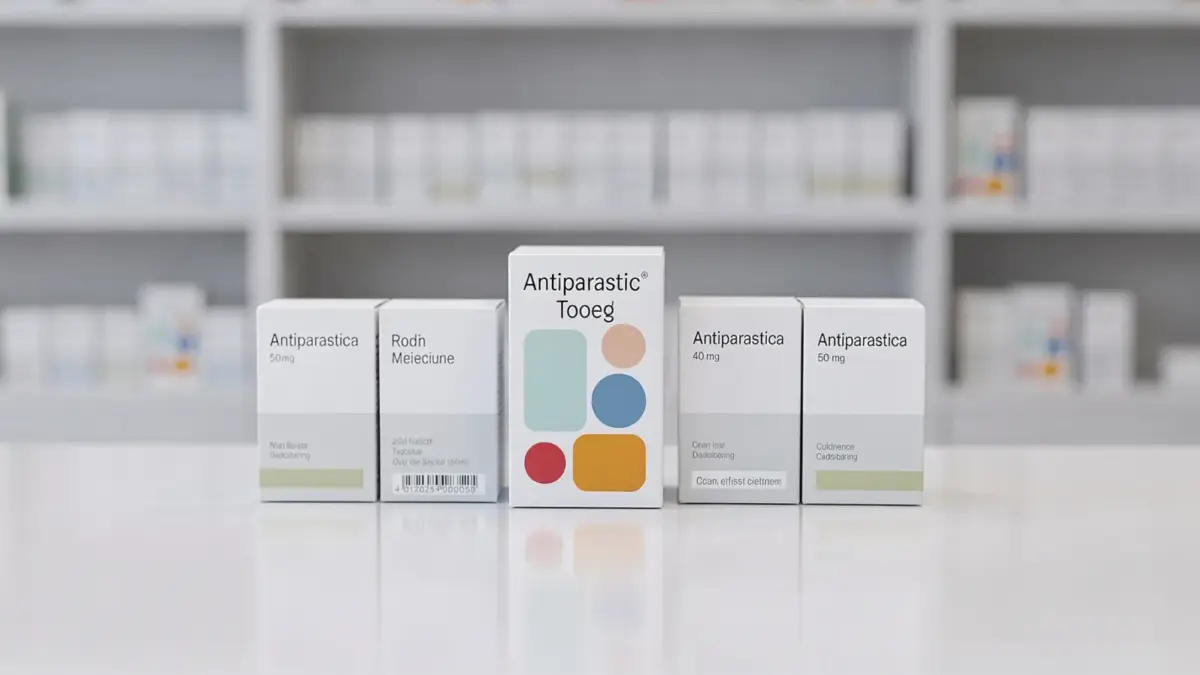 Apotheken-Theke mit Arzneimittelboxen zum Thema Mebendazol rezeptfrei