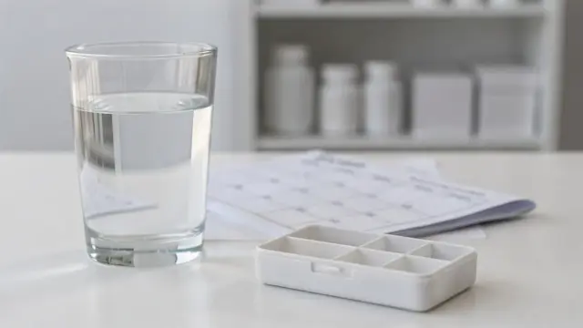 Stilleben zu Triptane rezeptfrei und Migräne ohne Rezept mit Medikamentenbox, Tablettenbox und Wasserglas