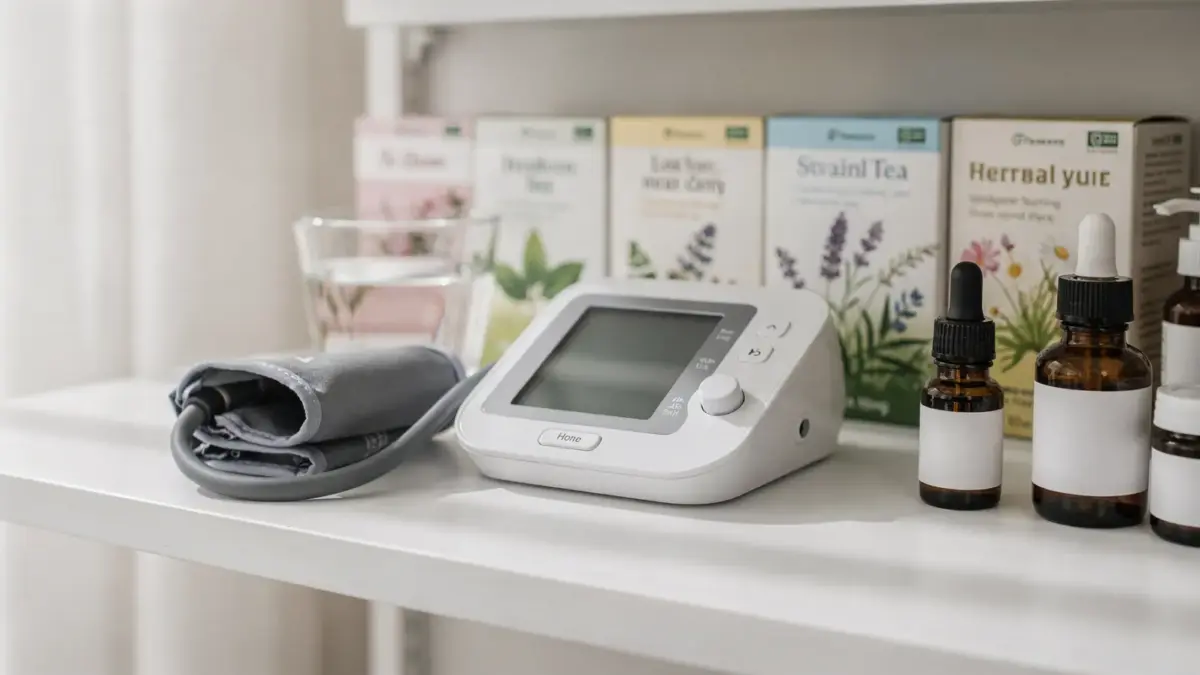 Blutdruckmessgerät und Wellness-Produkte in einer Apotheke zum Thema blutdrucksenkende Mittel rezeptfrei