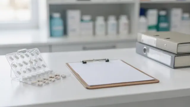 Pharmazie-Setting mit Rezept und Medikamenten für stimmungsaufheller rezeptpflichtig