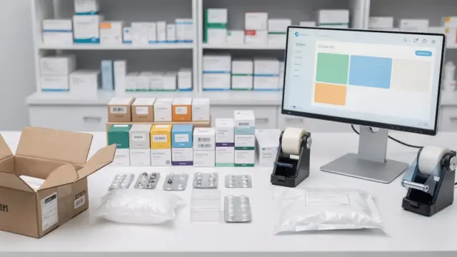 Versandapotheke mit Medikamenten, Verpackungsstation und Computer als Thema des Artikels