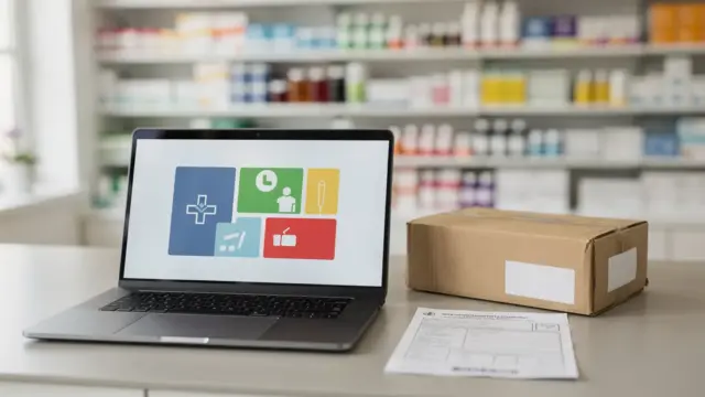 Versandapotheken und Apotheke vor Ort im Vergleich auf einem Schreibtisch mit Paket und Laptop