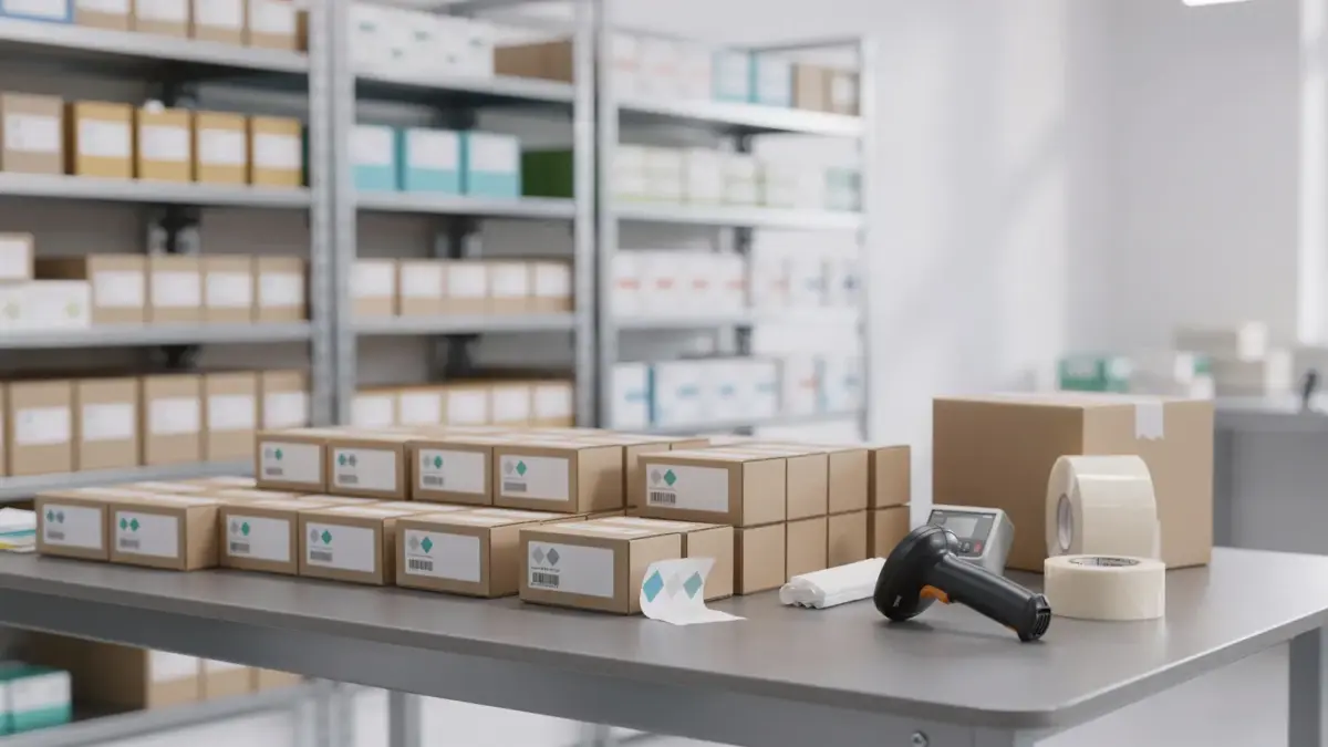 Versandapotheke mit verpackten Medikamenten, Versandkartons und Scanner zum Thema Lieferzeit