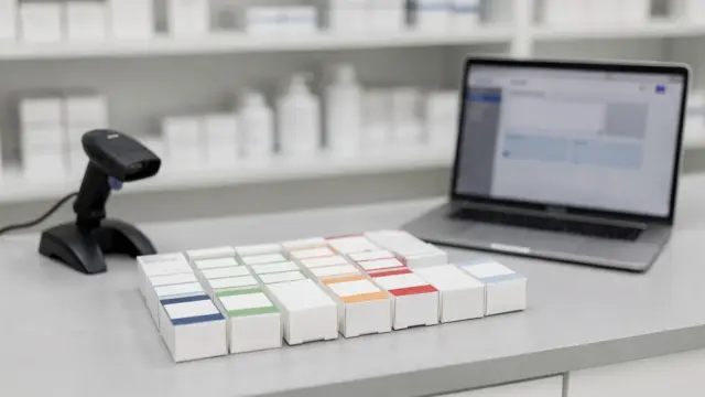 Versandapotheke mit Medikamentenpaketen und Scanner als Symbol für Online-Bestellung