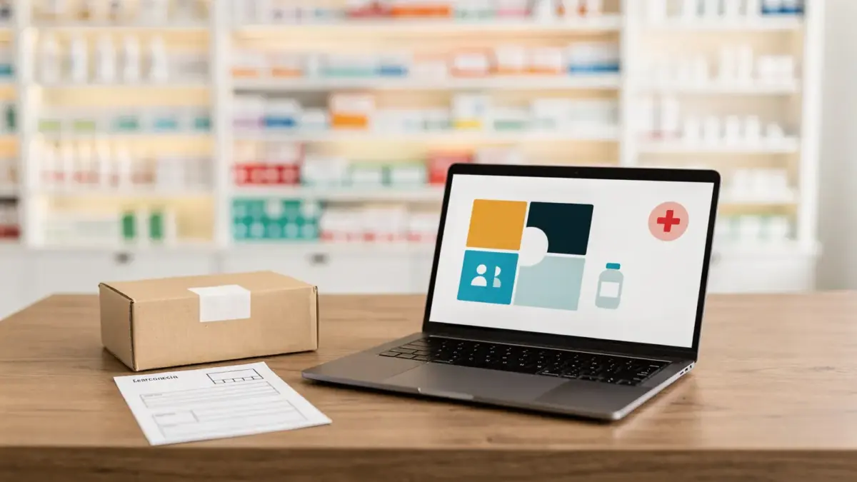 Versandapotheken und Apotheke vor Ort im Vergleich auf einem Schreibtisch mit Paket und Laptop