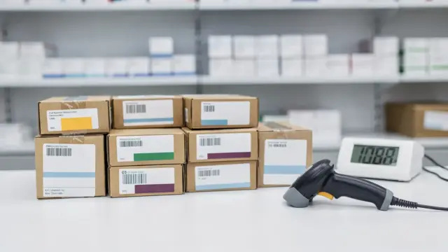 Versandapotheke mit Paketen und Scanner zur Lieferzeit von Medikamenten