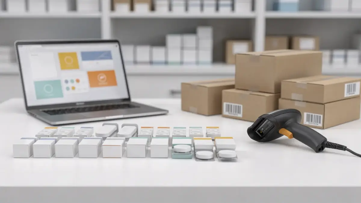 Versandapotheke mit Medikamentenpaketen, Laptop und Versandkartons zum Thema Vorteile von Versandapotheken gegenüber Vor-Ort-Apotheken