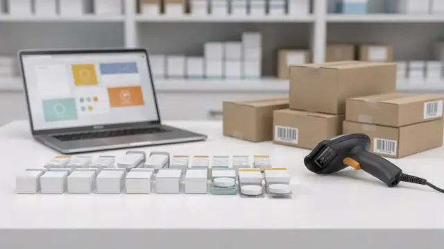 Versandapotheke mit Medikamentenpaketen, Laptop und Versandkartons zum Thema Vorteile von Versandapotheken gegenüber Vor-Ort-Apotheken