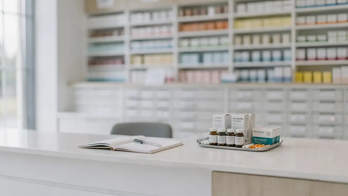 Lokale Apotheke mit Tresen und Regalen als Thema zu den Nachteilen von Versandapotheken