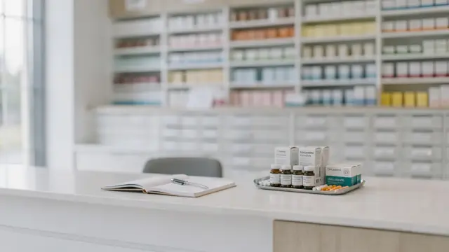 Lokale Apotheke mit Tresen und Regalen als Thema zu den Nachteilen von Versandapotheken