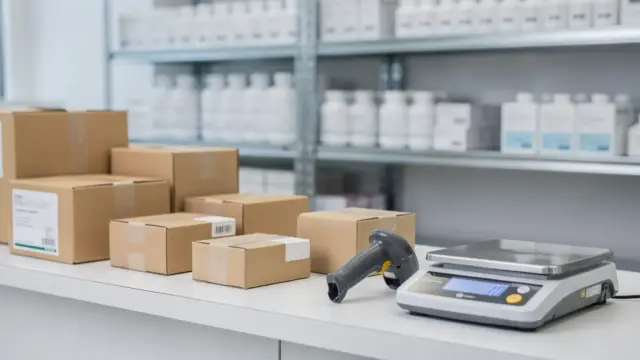 Versandapotheke mit Paketkartons und Scanner zum Thema versandkostenfreie Versandapotheke