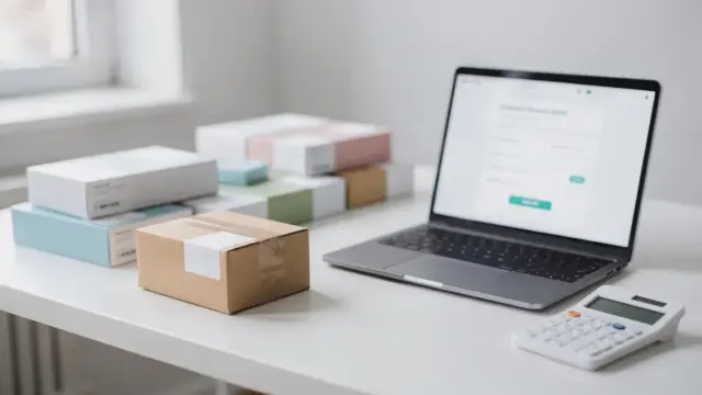 Online-Versandapotheke mit Paket, Medikamentenboxen und Rechner zum Thema versandkostenfreier Versand
