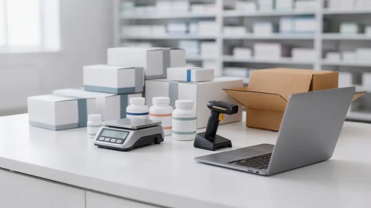 Versandapotheke mit Paket, Waage und Arzneimittelboxen zum Thema versandkostenfreie Versandapotheke
