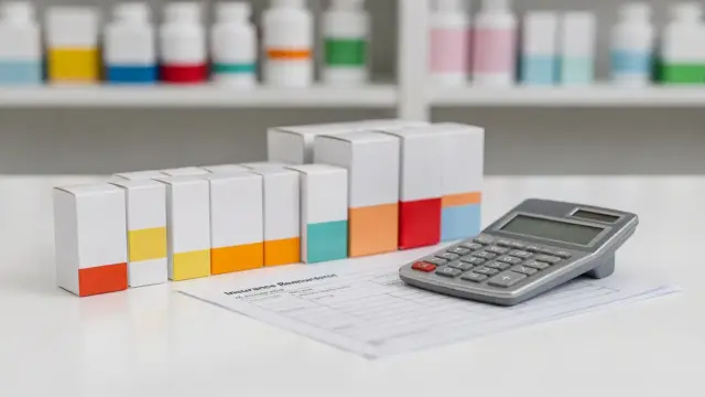Krankenkasse und Versandapotheke: Erstattungsunterlagen, Medikamentenpackungen und Rechner auf einer Theke