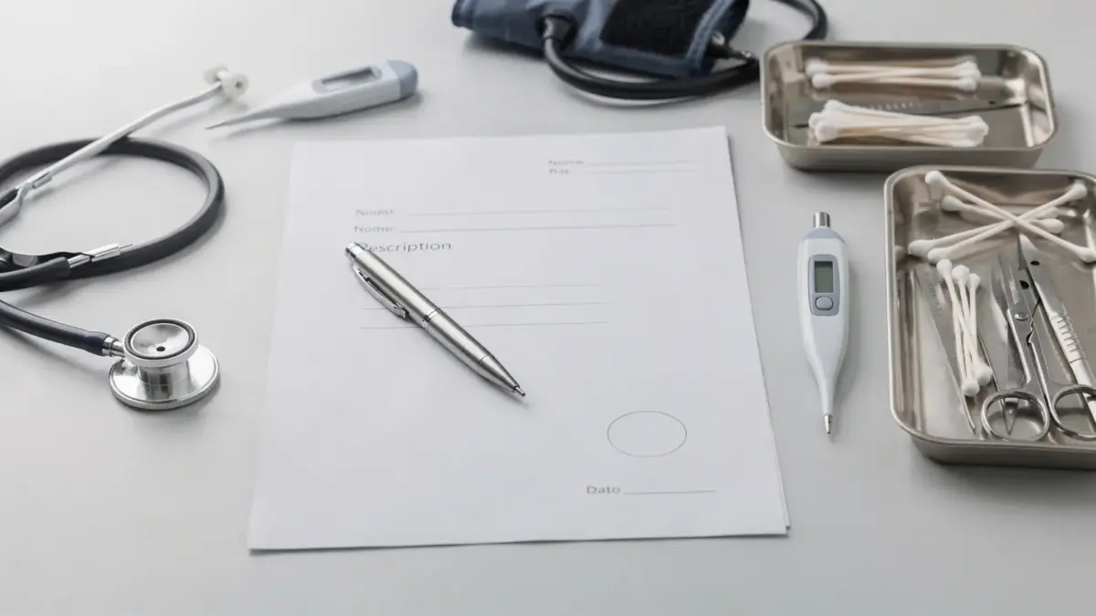Rezeptformular und Stift auf einem klinischen Schreibtisch zum Thema Welche Angaben müssen auf einem Rezept stehen?