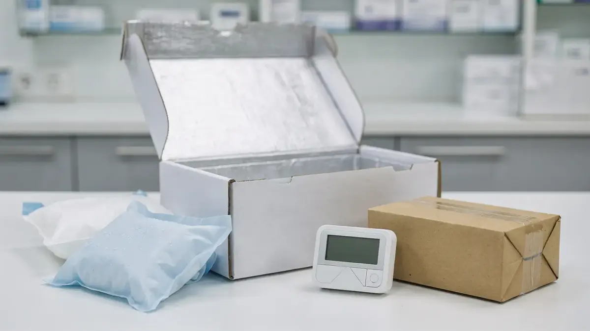 Kühlware in der Versandapotheke mit Isolierbox, Kühlakkus und Temperaturmonitor für temperatursensible Arzneimittel