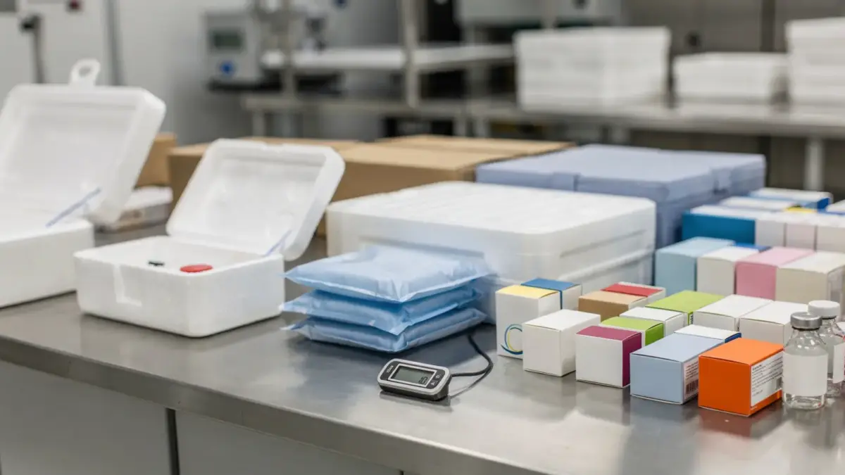 Kühlware in der Versandapotheke mit Isolierverpackung, Kühlakkus und Thermometer für temperatursensible Arzneimittel
