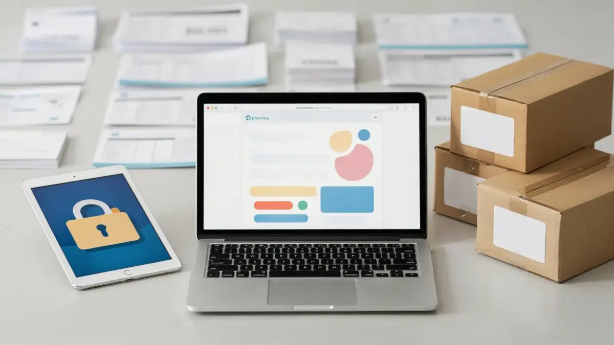 Online-Apotheke mit Laptop, Versandkartons und Datenschutz-Symbolen zum Thema Versandapotheke Datenschutz