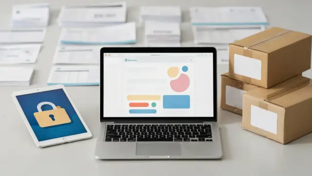 Online-Apotheke mit Laptop, Versandkartons und Datenschutz-Symbolen zum Thema Versandapotheke Datenschutz