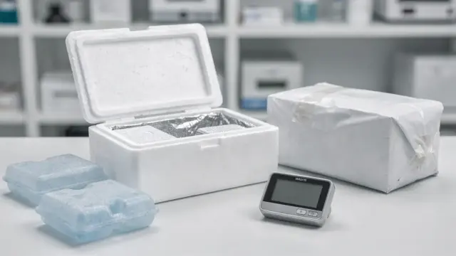 Kühlware in der Versandapotheke mit Isolierbox, Kühlakkus und Temperaturmonitor für temperatursensible Arzneimittel