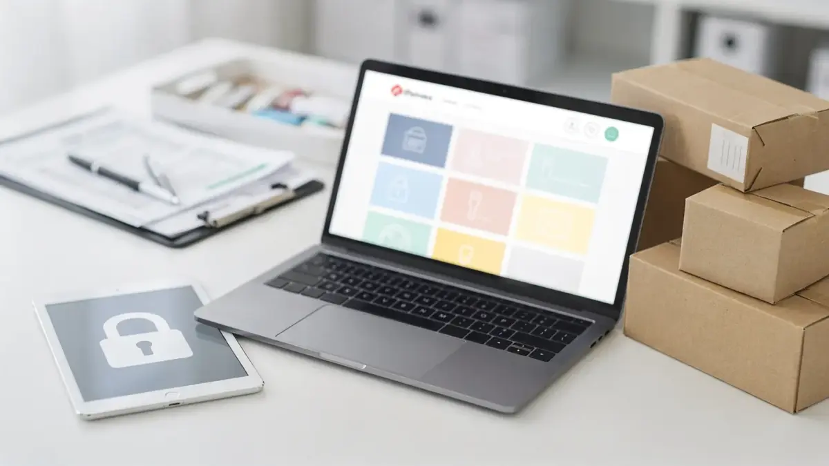 Online-Apotheke mit Laptop, Versandkartons und Datenschutz-Symbolen zum Thema Versandapotheke Datenschutz