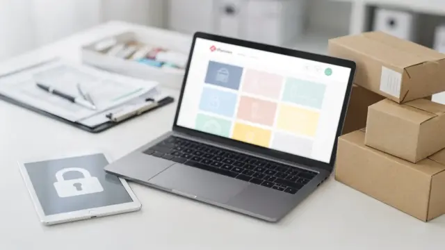 Online-Apotheke mit Laptop, Versandkartons und Datenschutz-Symbolen zum Thema Versandapotheke Datenschutz