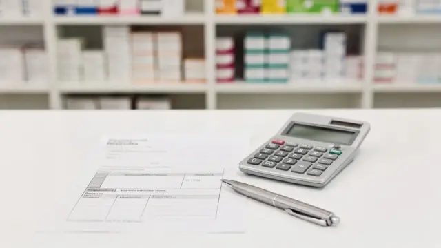 Rezeptzuzahlung: Rezept, Taschenrechner und Medikamentenpackungen in einer Apotheke