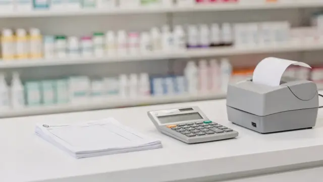 Rezept, Zuzahlung und Mehrkosten in der Apotheke mit Rezeptformularen und Medikamentenboxen