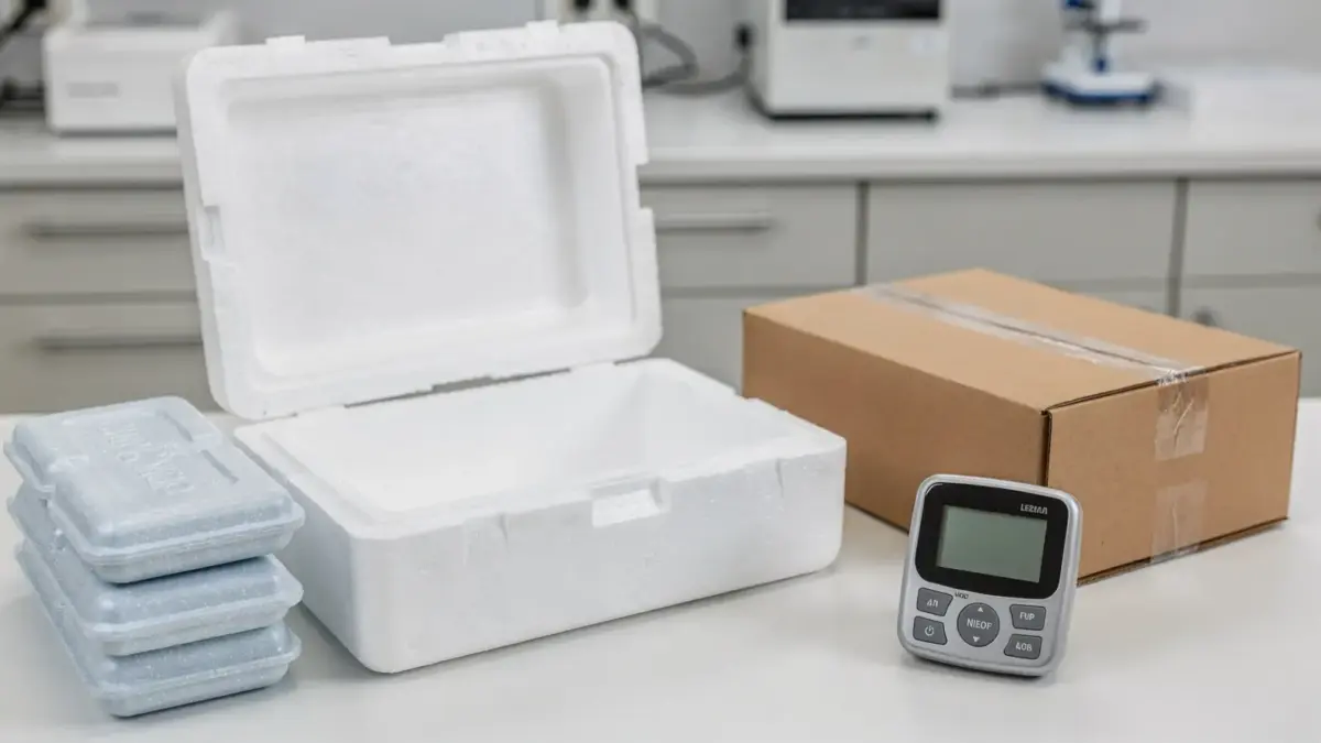Kühlware in der Versandapotheke mit Isolierbox, Kühlakkus und Temperaturmonitor für temperatursensible Arzneimittel