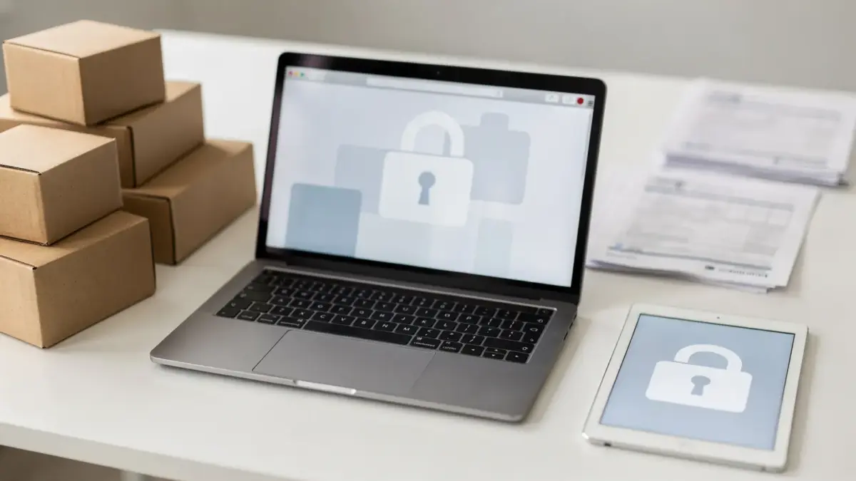 Online-Apotheke mit Laptop, Versandkartons und Datenschutz-Symbolen zum Thema Versandapotheke Datenschutz