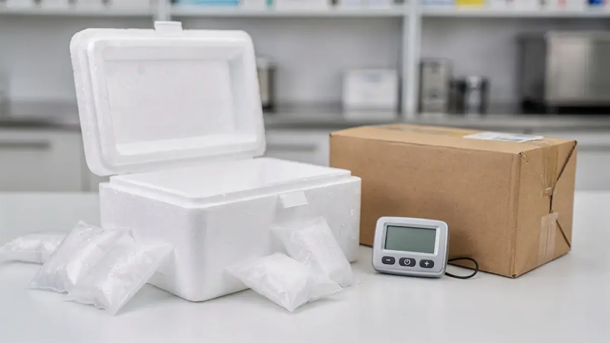 Kühlware in der Versandapotheke mit Isolierbox, Kühlakkus und Temperaturmonitor für temperatursensible Arzneimittel