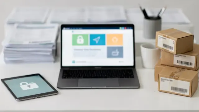 Online-Apotheke mit Laptop, Versandkartons und Datenschutz-Symbolen zum Thema Versandapotheke Datenschutz