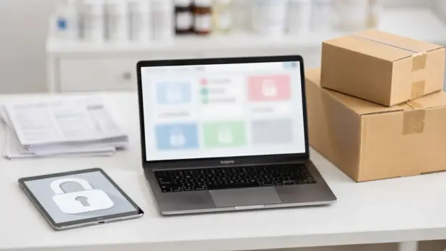 Online-Apotheke mit Laptop, Versandkartons und Datenschutz-Symbolen zum Thema Versandapotheke Datenschutz