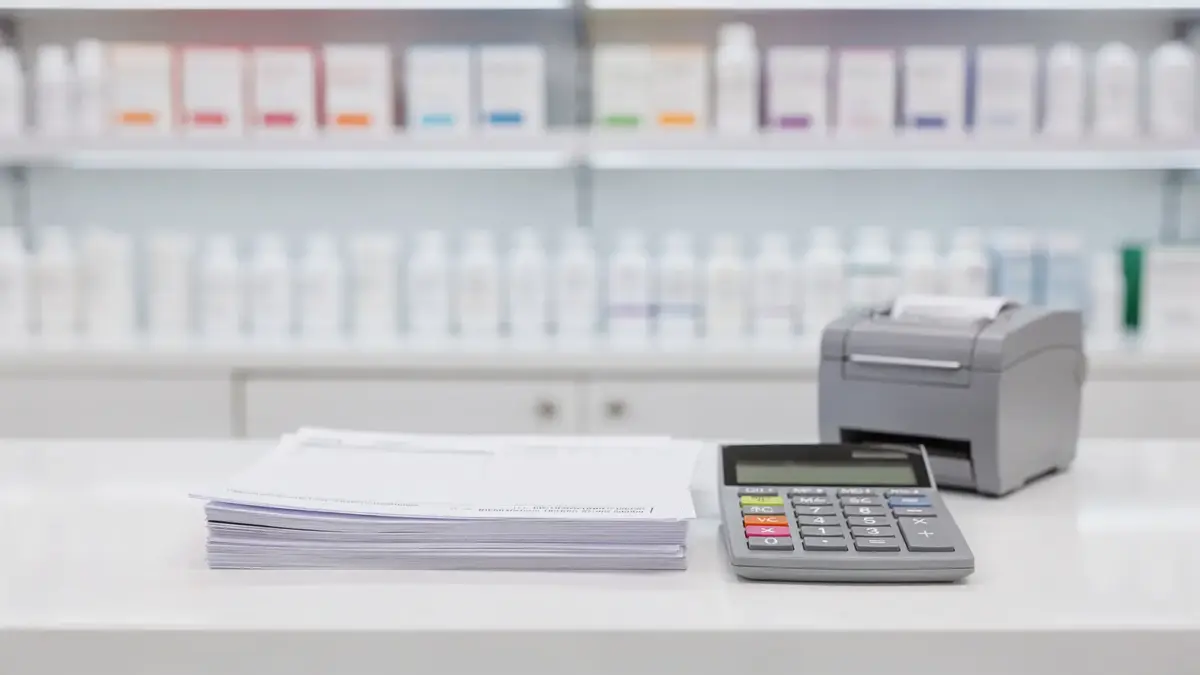 Rezept, Zuzahlung und Mehrkosten in der Apotheke mit Rezeptformularen und Medikamentenboxen