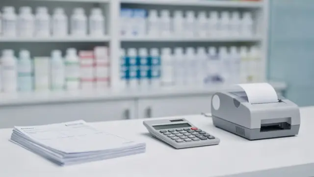Rezept, Zuzahlung und Mehrkosten in der Apotheke mit Rezeptformularen und Medikamentenboxen