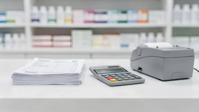 Rezept, Zuzahlung und Mehrkosten in der Apotheke mit Rezeptformularen und Medikamentenboxen