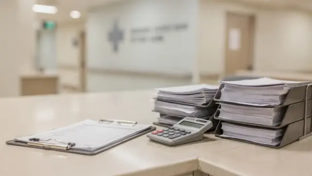 Krankenhauszuzahlung: Klinikrezeption mit Unterlagen und Taschenrechner zur Abrechnung