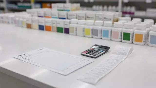 Rezept, Kasse und Medikamentenboxen in einer Apotheke zum Thema Zuzahlungen bei Rezepten