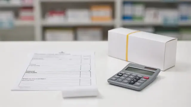 Pharmacy counter mit Rezept, Beleg und Medikamenten zur gesetzlichen und privaten Zuzahlung