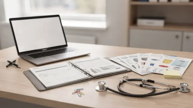 Hilfsmittelverzeichnis auf einem Bürotisch mit Ordner, Unterlagen und Laptop im Gesundheitswesen
