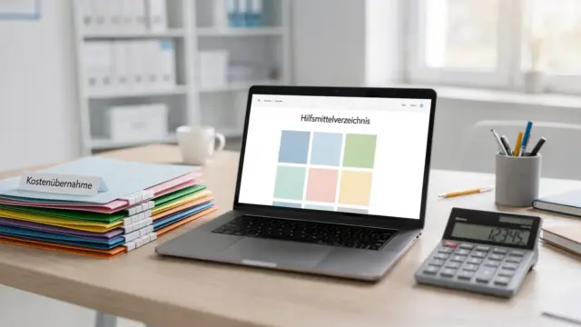Hilfsmittelverzeichnis in einer Praxis mit Laptop und Ordnern zur Kostenübernahme