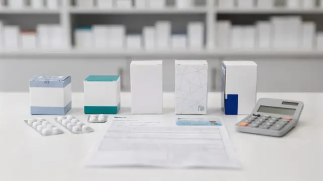 Importarzneimittel, Krankenkasse, Rezept und Gesundheitskarte auf einem Apothekentresen